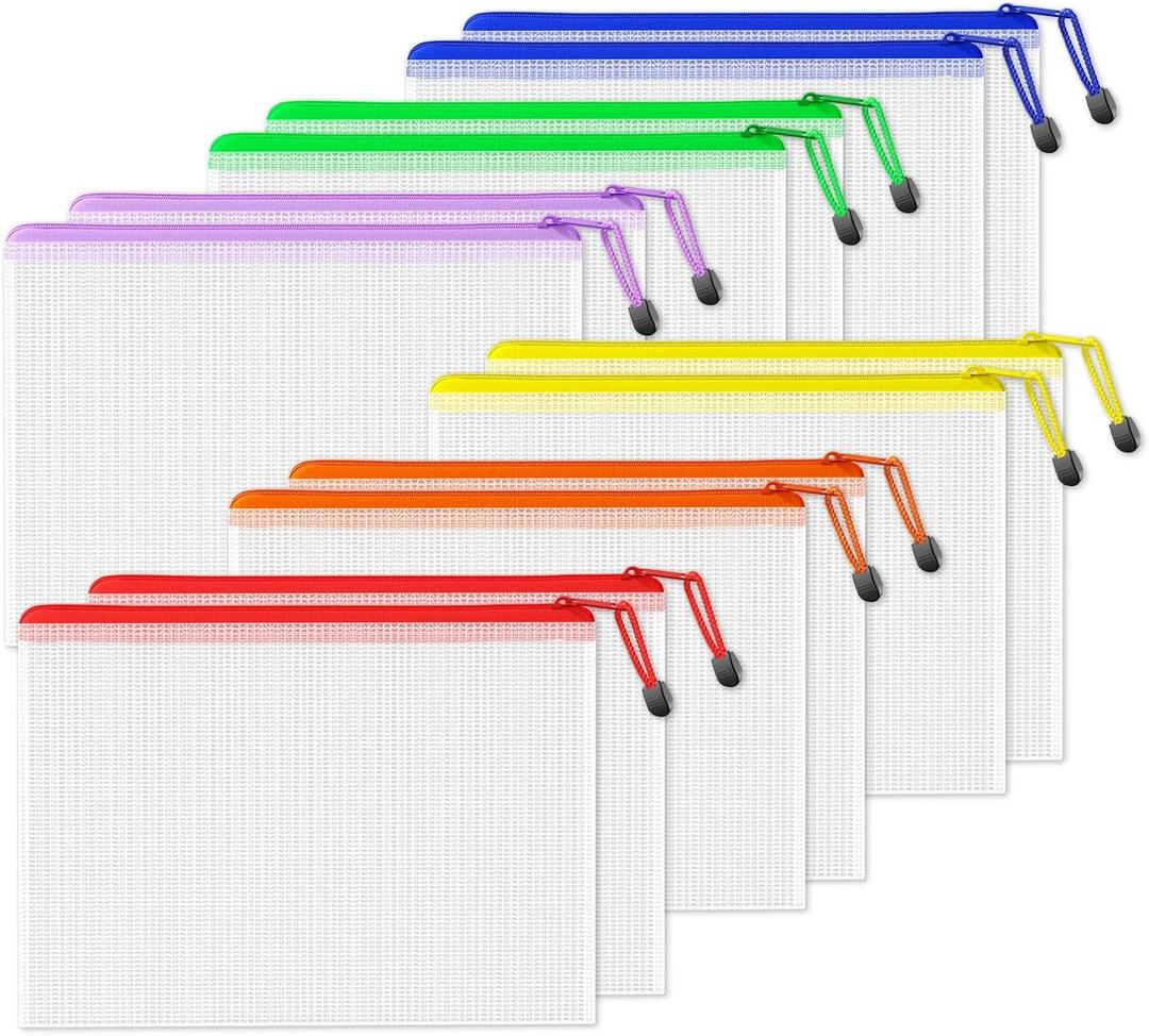 SUNEE Plastic Mesh Zipper Pouch 9.2x12.5 in (6 Colors, 12 Packs),Extra Large Water-Resistant Zip Bag for School Office Supplies, Puzzles & Games Organizing Storage