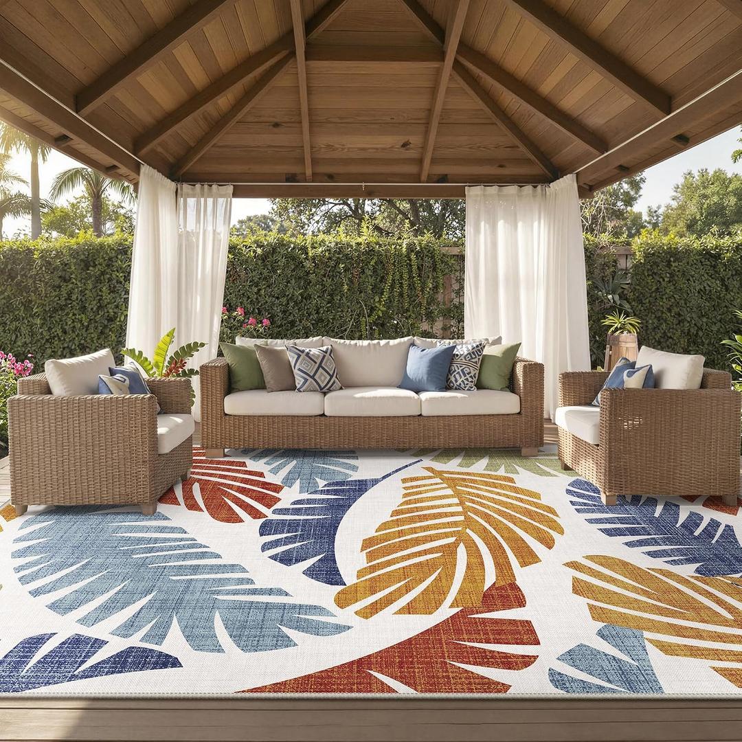 GENIMO Outdoor & Indoor Area Rug 10'x14', Waterproof, Non-Shedding, Easy Cleaning, Leaf Mat for Patio, Living Room, Balcony, Dining Room, RV, Deck, Bedroom, Camping, Outside Carpet, Rust Navy