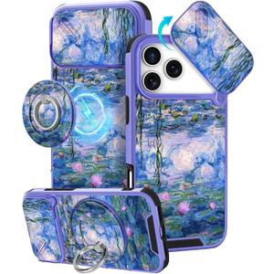 Buleens for iPhone 17 Pro Case 6.3 Inch - with Ring Stand & Camera Cover Aesthetic Cute Designed Women Girls Girly Pretty Kawaii Blue Water Lily Phone Case for iPhone 17 Pro Compatible with Magsafe
