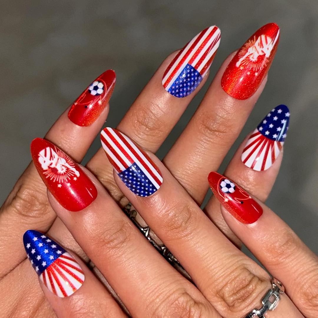 2 x 24Pcs World Cup Press on Nails Medium Almond Fake Nails with Soccer Design Glossy Cat Eye Glitter Nails Press on Red Blue White USA Flag Glue on Nails Reusable Summer Holiday Acrylic Nail for Women