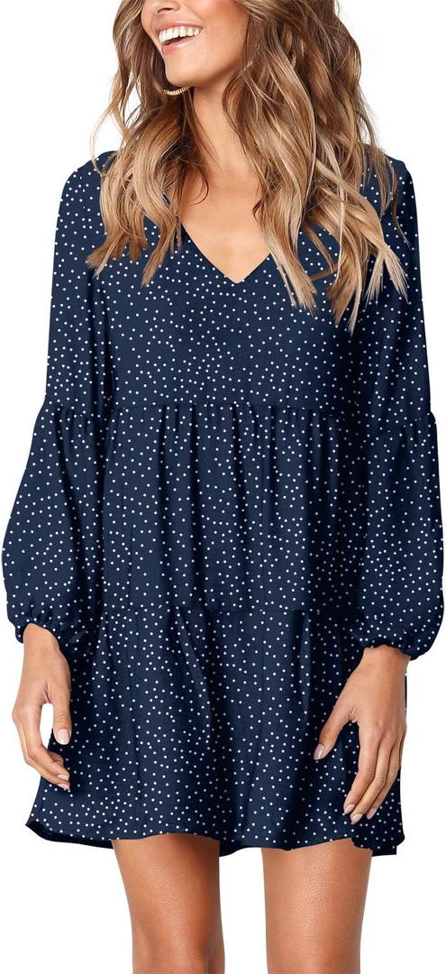 Amoretu Womens Tunic Dress Long Sleeve V Neck Casual Loose Flowy Swing Shift Dresses (Medium, Polka Dot Navy)