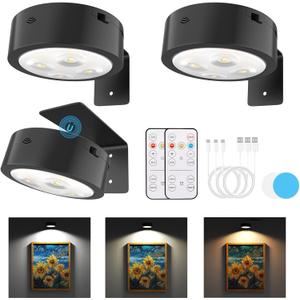 3 Pack Picture Lights for Wall, Rechargeable Battery Operated wall lights, Picture Frame lights with 3 Lighting Modes, Wireless Magnetic Painting Light with Remote Control Timer (Black, 3 Pack)