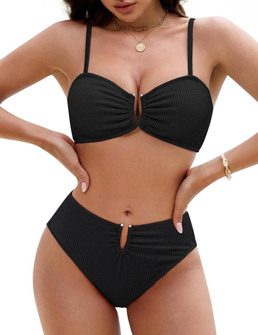 Blooming Jelly Womens Bikini Sets High Waisted Two Piece Swimsuit U Ring Linked Textured Sexy High Cut Swim Bathing Suit (Large, Black)