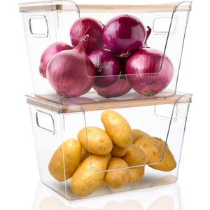 Hiziwimi 2 Set Pantry Organizers and Storage - Stackable Pantry Storage Bin Containers for Potato, Onion, Garlic, Fruit, Vegetable, Produce - Clear Front Open Kitchen Organization Baskets with Lid