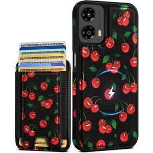Shorogyt for Motorola Moto G 5G 2024 Cute Kawaii Leather Phone Case - Compatible with Magsafe Wallet Magnetic Credit Card Holder Fashion Cherry Design Phone Cover for Women Girls, Fits 7 Cards