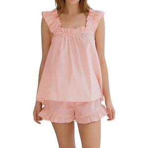 Womens Summer Pajama Sets 2 Piece Outfits Ruffle Trim Top and Shorts Cotton Loungewear Set (Medium, Pink)