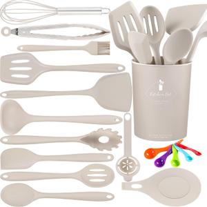 18 Pcs Cooking Utensils Set, Kitchen Utensils Set with Utensil Holder, 446F Heat Resistant Silicone Spatula Set, Kitchen Gadgets Tools Set for Nonstick Cookware BPA FREE (Khaki)