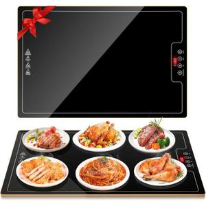 Electric Heat Warming Tray, 23.7"x15.8" Full Surface Mat Warmer With Thermostat, Digital Display,Support 104~284, Timer (30min-24hrs), Perfect For Parties Buffet, Countertop, Heat-Resistant Glass (Large, Black)