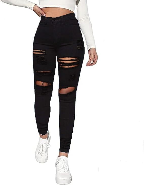 Cqinnifu Black Ripped Jeans for Woman High Waisted Distressed Skinny Jeans Butt Lifting Jeans Stretch Denim Jeggings, Small