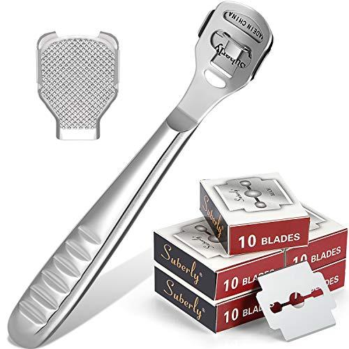 42 Pieces Callus Shaver Set, 40 Replacement Slices Blades 1 Stainless Steel Callus Shaver and 1 Foot File Head Foot Care Tools Hard Dry Skin Remover for Hand Feet
