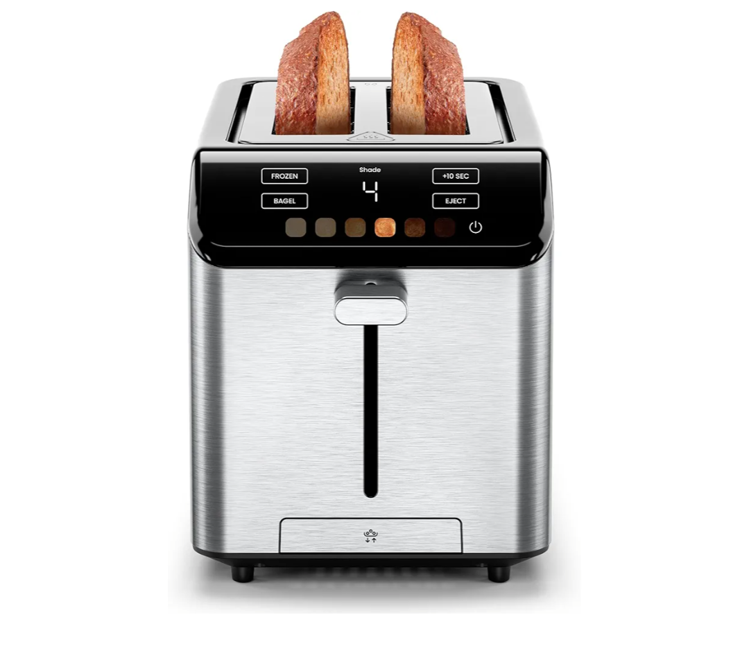 Chefman Smart Touch 2 Slice Digital Toaster, 6 Shade Settings, Touchscreen Controls, Extra-Wide Slots for Thick Breads & Bagels, +10 Seconds, Defrost, Removable Crumb Tray – Stainless Steel