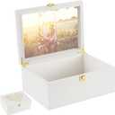 Larger Wooden Memory Keepsake Boxes With Hinged Lids and a photo frame inside the lid - Decorative Storage Box With a Hinge Lids For Picture Letter Time Capsule - 5.3*8.6*11.7 off-white