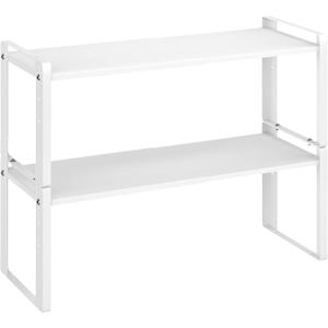 2 Pack Expandable Cabinet Organizer Shelves, 88lbs High Weight Capacity, Stackable Heavy-Duty Metal Storage Rack, Adjustable Cabinet Shelf for Kitchen, Pantry, Cupboard, Under Sink, White