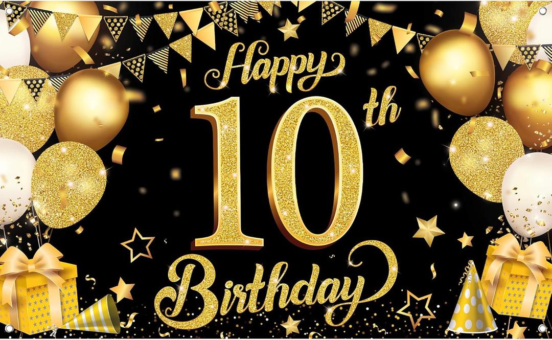 KatchOn, Gold Happy 10th Birthday Banner - Large, 72x44 Inch | Glitter Backdrop For Happy 10th Birthday Decorations | Black and Gold Party Decoration