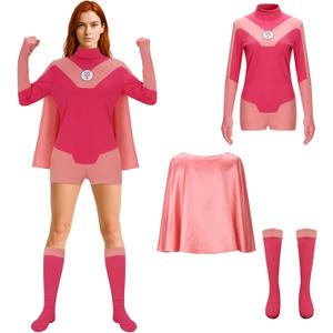 Women Eve Costume Pink Jumpsuit Cloak Hero Bodysuit Outfit Halloween Cosplay Uniform Suit