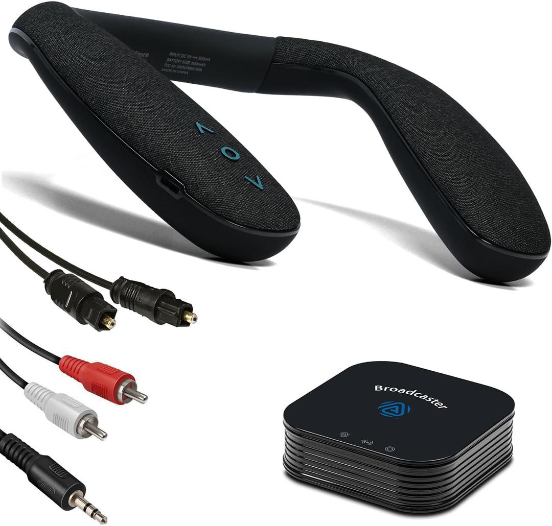 HomeSpot BA210 v2 Auracast Bluetooth 5.3 Transmitter with JY538 Neckband Speaker, 50 Hrs Battery, aptX Adaptive/LL/HD, Optical/3.5mm/RCA, for TV & Audio Systems (Black)