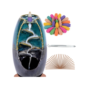 SPACEKEEPER Ceramic Backflow Incense Holder Waterfall Incense Burner, Aromatherapy Ornament Home Decor with 120 Backflow Incense Cones + 30 Incense Stick , Blue Set---- missing incense sticks