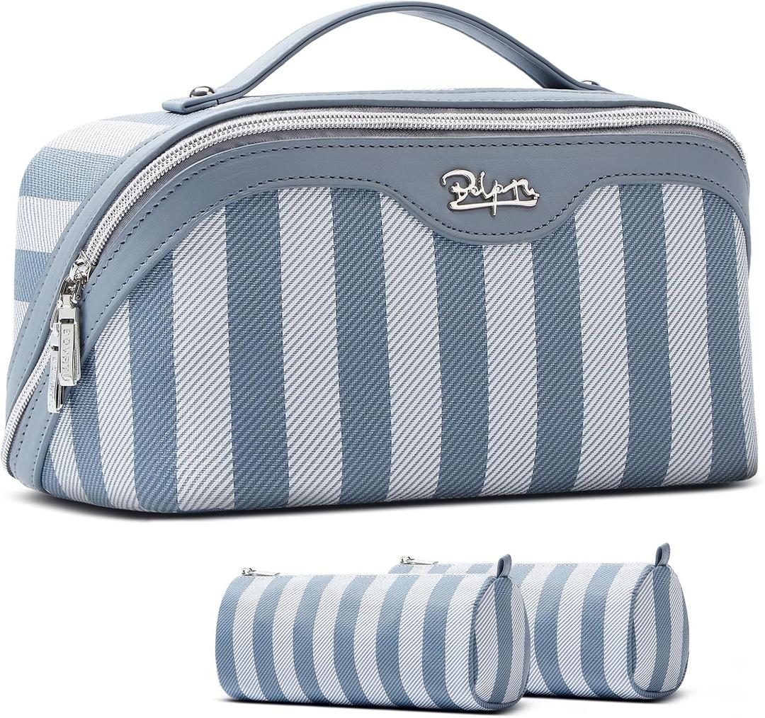 BOYATU Travel Makeup Bag Cosmetic Bag for Women: 3 Pcs Set Striped Make up Bag with Compartments - Waterproof Vegan Leather Toiletry Bags with Handle - Makeup Organizer for Travel Essentials(A-1-Blue)