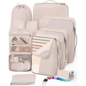 10 Set/8 Set Packing Cubes for Travel, Gifts for Women Mom,Anti-Tearing Suitcase Organizer for Luggage with Shoe & Hanging Toiletry Bag,OlarHike Vacation Essentials & Accessories for Cruise Ship,Cream, 8 set (Short-Term Trip)