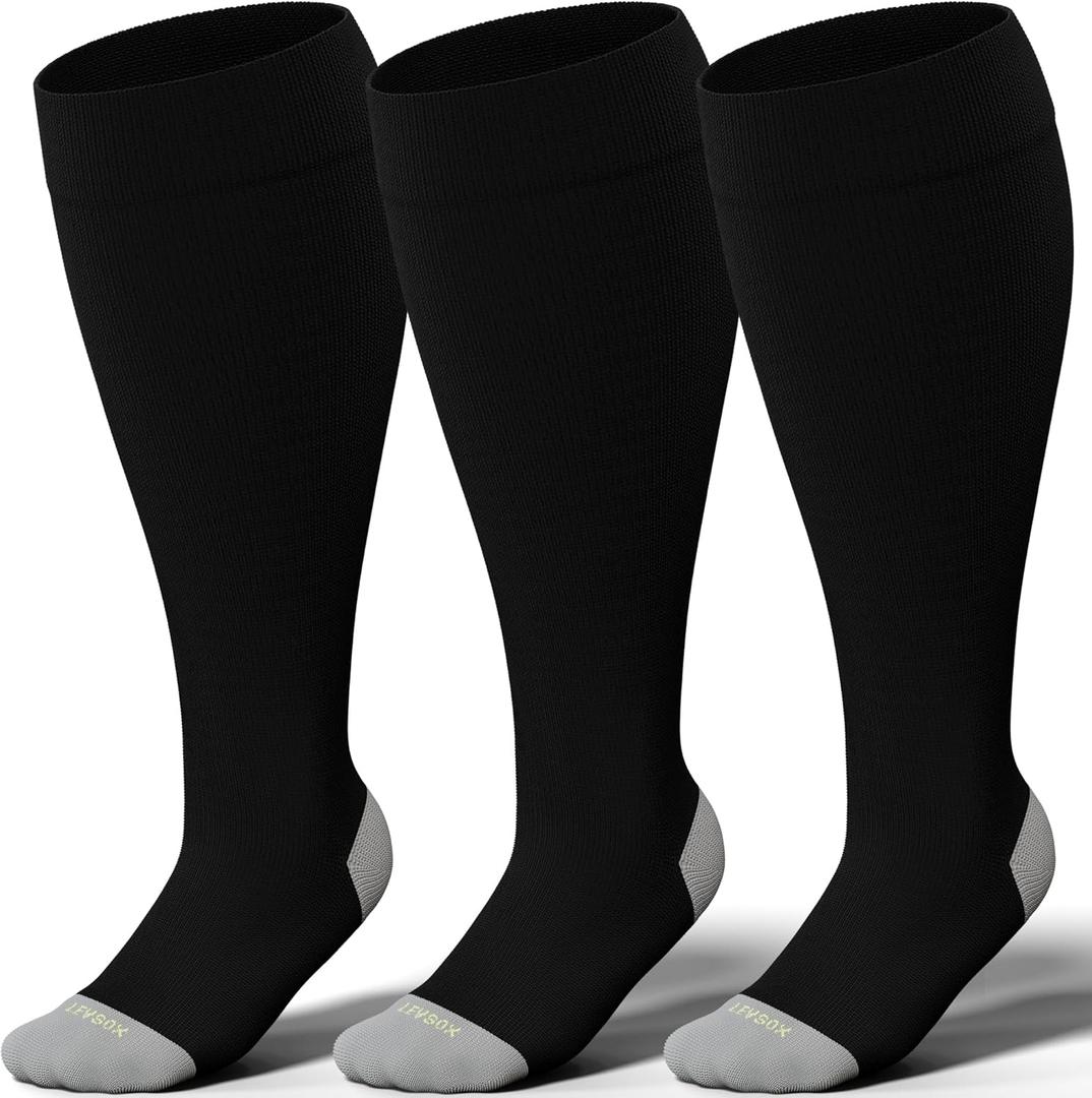 LEVSOX Plus Size Compression Socks for Women Men Wide Calf Extra Large 15-20 mmHg Knee High Sock for Nurses Pregnant Travel (Black)