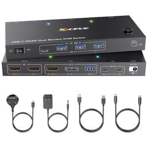 KCEVE KVM Switch 2 Monitors for 1 Laptop 1 Desktop, USB 3.0 KVM Switch 2 Monitor 2 Computer USB C Displayport HDMI, MST,4K@60Hz,PD 100W, Power Adapter, Wired Remote(4K USB C DP HDMI 2 in 2 Out KVM)