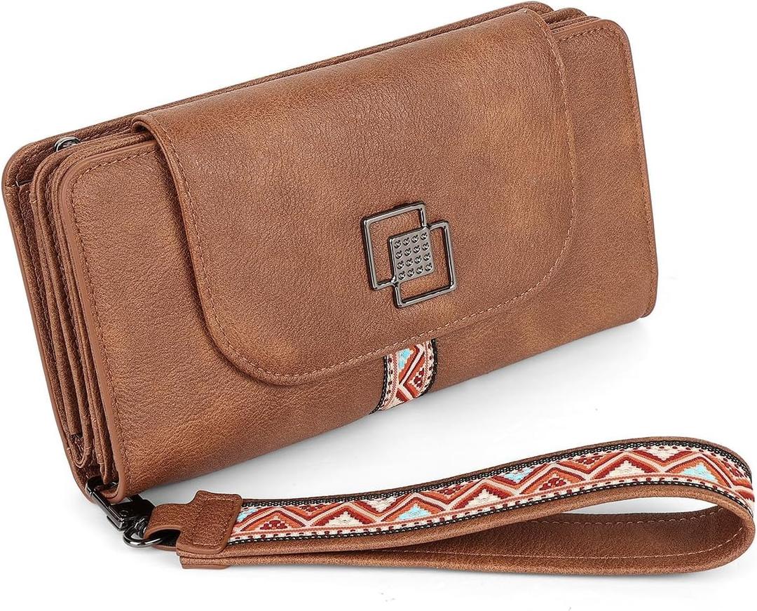 FADEON Leather Wallets for Women, Designer Large RFID Blocking Trifold Wristlet Purse with Credit Card Holder Organizer Brown