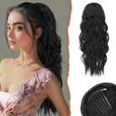 SOFEIYAN Drawstring Ponytail Extension 24 Inch Wavy Curly Clip on Hairpiece Comb Clip in Ponytail Extensions Layered Fluffy Thick Pony Tails Hair Extension Synthetic Hairpieces for Women-Natural Black