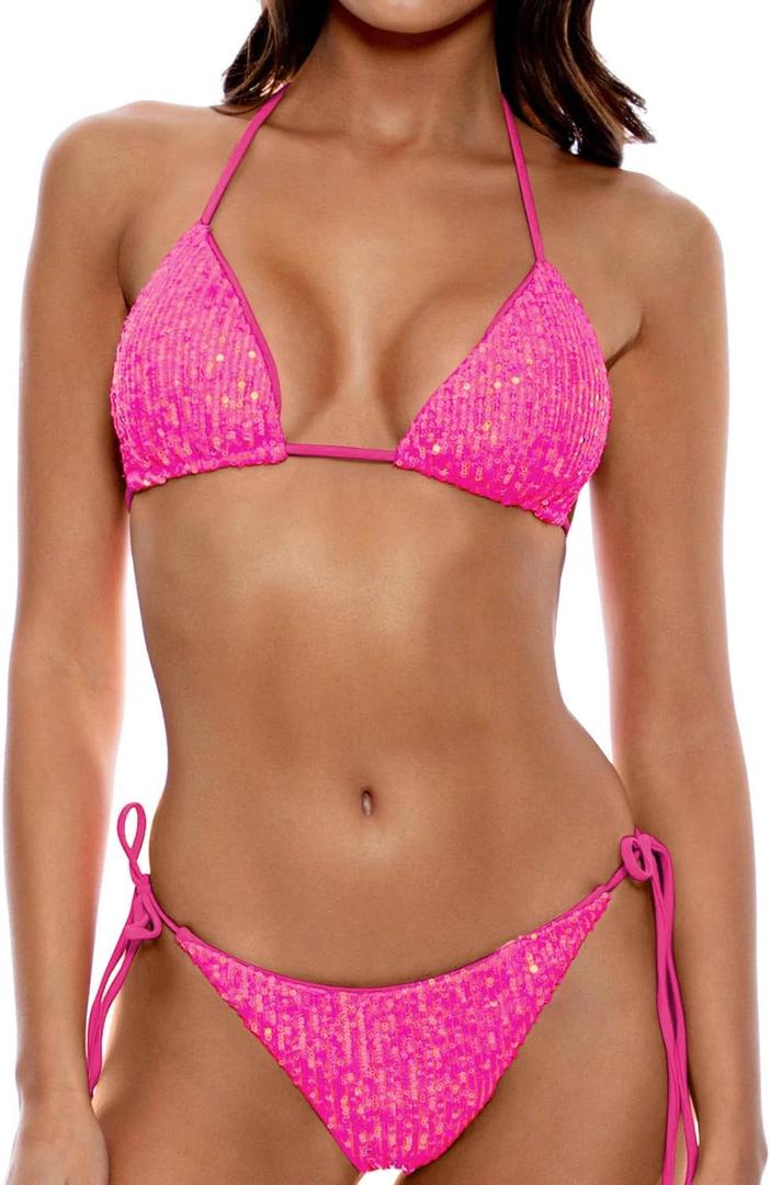 Women's Triangle Sequin Bikini Set Brazilian Halter String Backless Tie Side Thong Two Piece Swimsuit Bathing Suit, Pink, Size 2-4