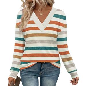 WIHOLL Long Sleeve Shirts for Women V Neck Tops Tunic Fall Winter Sweatshirts 2025 Clothes (Medium, 1-stripes Orange)