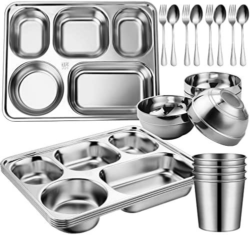 Potchen 14 Pcs 304 Stainless Steel Plates and Bowls Sets with Cups, Spoons, Forks, Compartment Trays Unbreakable Divided Plates Reusable Tableware for Home, Camping, Travel, Restaurant, Silver 