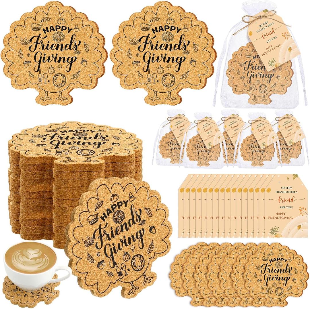 Hushee 12 Sets Friendsgiving Gifts Bulk Friendsgiving Cork Coasters Thanksgiving Cork Coaster Leaf Coaster with Thank You Cards and Organza Bag Thanksgiving Autumn Fall Party Favors (Maple Turkey)