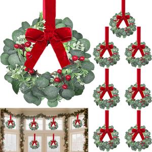 8 Pack 12 Inch Mini Christmas Wreath Small Christmas Kitchen Cabinet Wreaths with Red Bow Eucalyptus Leaves Flowering Boxwood Branches Red Berry Xmas Wreaths for Windows Door Wall Stairs Home Decor