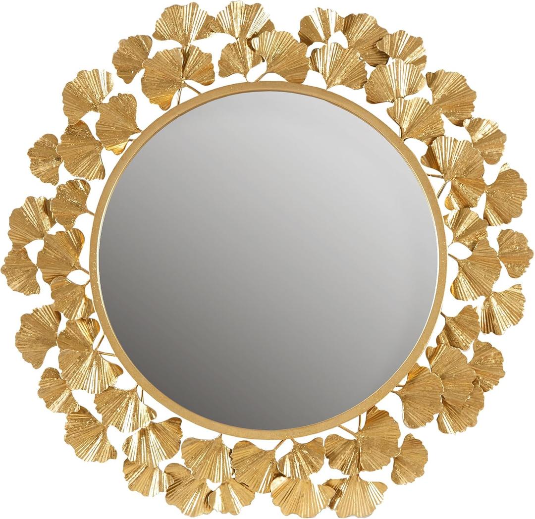 Martha Stewart Wall Dcor Large Gingko Leaf Round Wall Mirror for Living Room, Iron Metal Plate Frame Antique Finish, Ready to Hang Bedroom Decoration, Eden, 30.5", Gold
