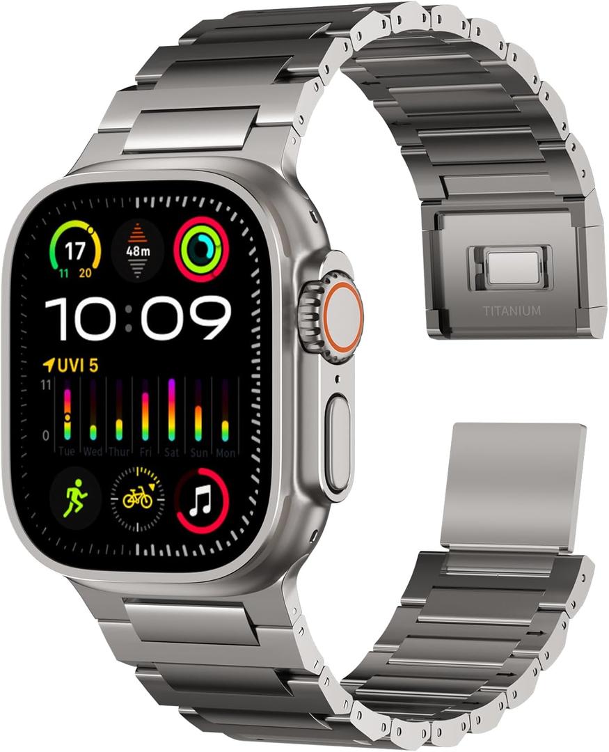 ACESTAR Grade 4 Full Titanium Band Compatible with Apple Watch Ultra 3/2/1 49mm/Series 10 46mm, 24mm Wide Adjustable Links with Titanium Magnetic Clasp Connectors DLC Coating