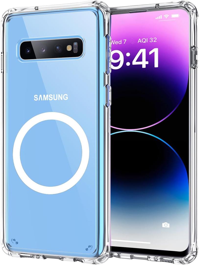 Clear Magnetic Phone Case for Samsung Galaxy S10 Plus, 6.4-Inch Compatible with MagSafe Crystal Transparent TPU PC Back Cover Shockproof Heavy Duty Protection