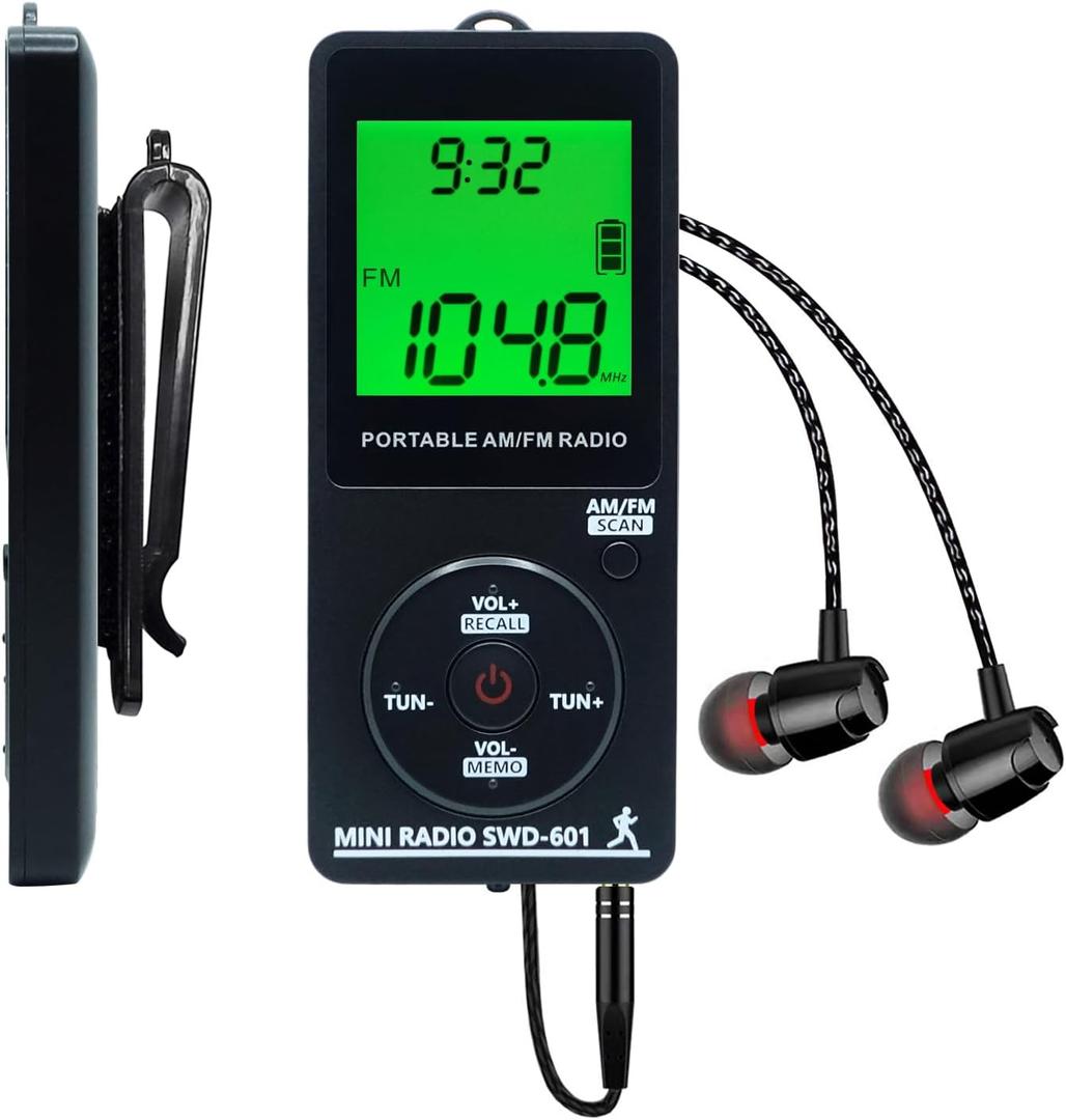 AM/FM Personal Portable Mini Radio with Digital Tuning LCD Display and Backlight Time, SWDSTP Rechargeable Pocket Radio with Earphone and Belt Clip for Walking, Jogging
