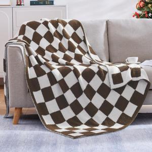 WRENSONGE Checkered Throw Blanket, Coffee Soft Cozy Fluffy Warm Hand Made Throw Blankets for Couch, Sofa, Chair, Bed, Camping, Picnic, Travel Lightweight Bed Blanket - 50"*70"