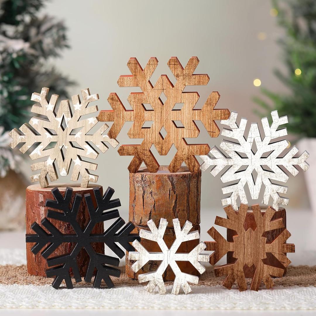 Yuntau 6 Pcs Christmas Table Decoration Wooden Farmhouse Table Centerpieces Rustic Christmas Tree House Reindeer Elk Angel Snowflake Wooden Sign Block Tiered Tray Decor for Xmas Gifts(Snowflake)