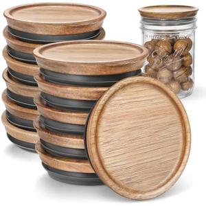 SKYBD Wooden Storage Lids for Ball/Mason/Kerr Jars, Food Grade Material, Reusable canning lids with Silicone Seal, 100% Fit & Airtight for Jars (12PCS-Wide)
