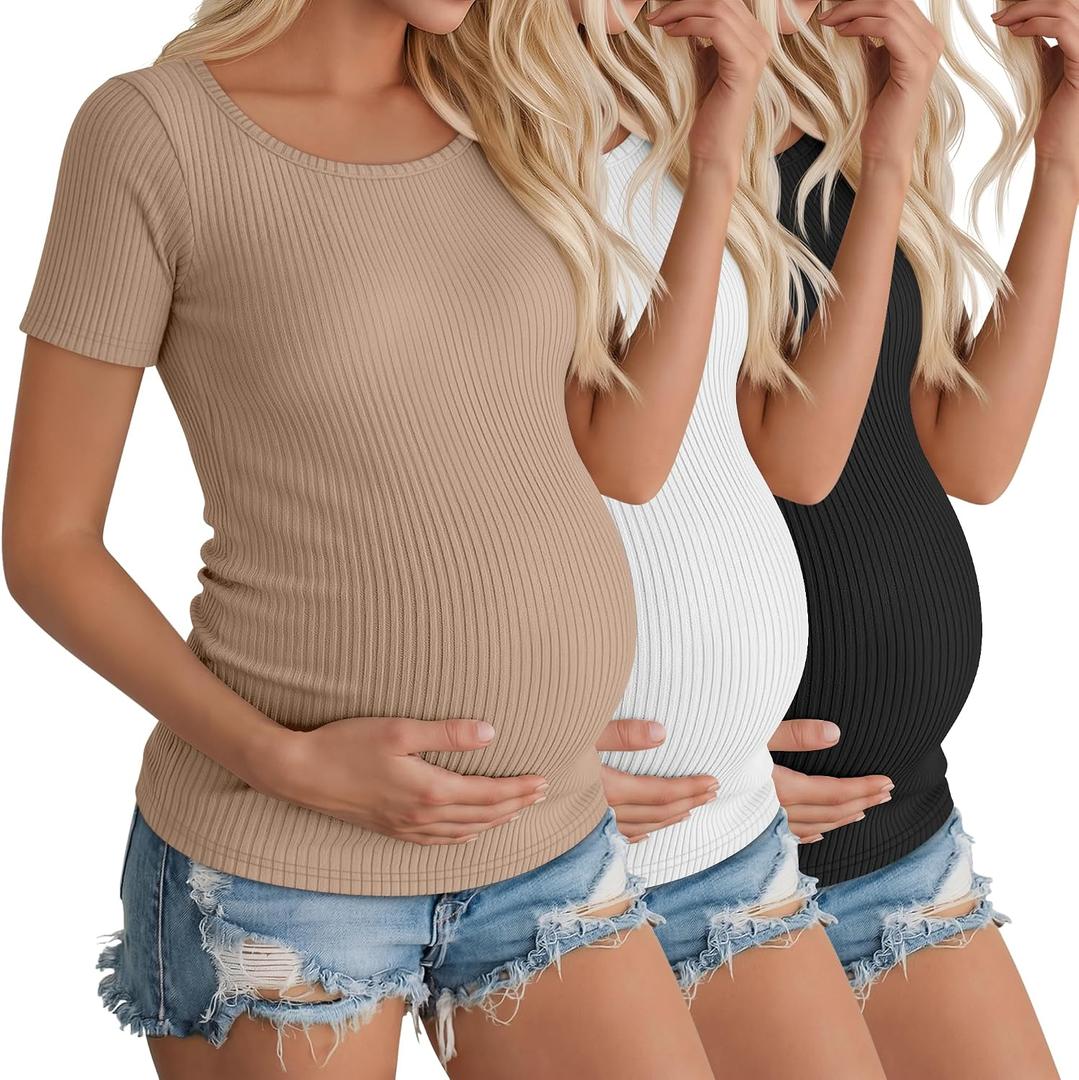 3 Pack Womens Maternity Shirts Summer Short Sleeve Ribbed Pregnancy Clothes Trimesters or Postpartum Cotton Tees (S)