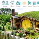 7x5ft Fabric Hobbiton Cave Backdrop New Zealand Hobbiton Log Cabin Photography Background Yellow Wooden Door Green Grass Flowers Fence for Birthday Party Decor