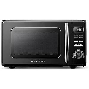 Galanz GLCMKZ09BKR09 Retro Countertop Microwave Oven with Auto Cook & Reheat, Defrost, Quick Start Functions, Easy Clean with Glass Turntable, Pull Handle, 0.9 cu ft, Black