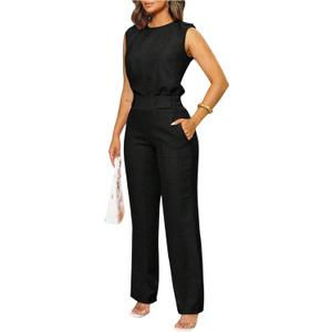 Floerns Women's 2 Piece Outfit Crew Neck Sleeveless Blouse and Dressy Pants Set (Medium, Black)