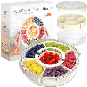 Small Divided Rotating Serving Tray with Lid and Handle,Portable Snackle Box Container,Spinner Organizer and Storage for Adults,Child,Fruits,Candy,Nuts,Veggie,Charcuterie,Snacks,Picnic,Travel, Party (White)