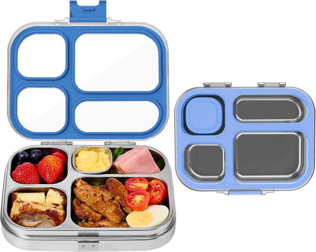 MISS BIG Stainless Steel Bento Box for Kids, 28oz 4 Compartments Lunch Box with Clear Lid, Lidded Sauce Cup and 50 Food Stickers, 304 Steel, BPA-Free, Dishwasher Safe for School (Blue)