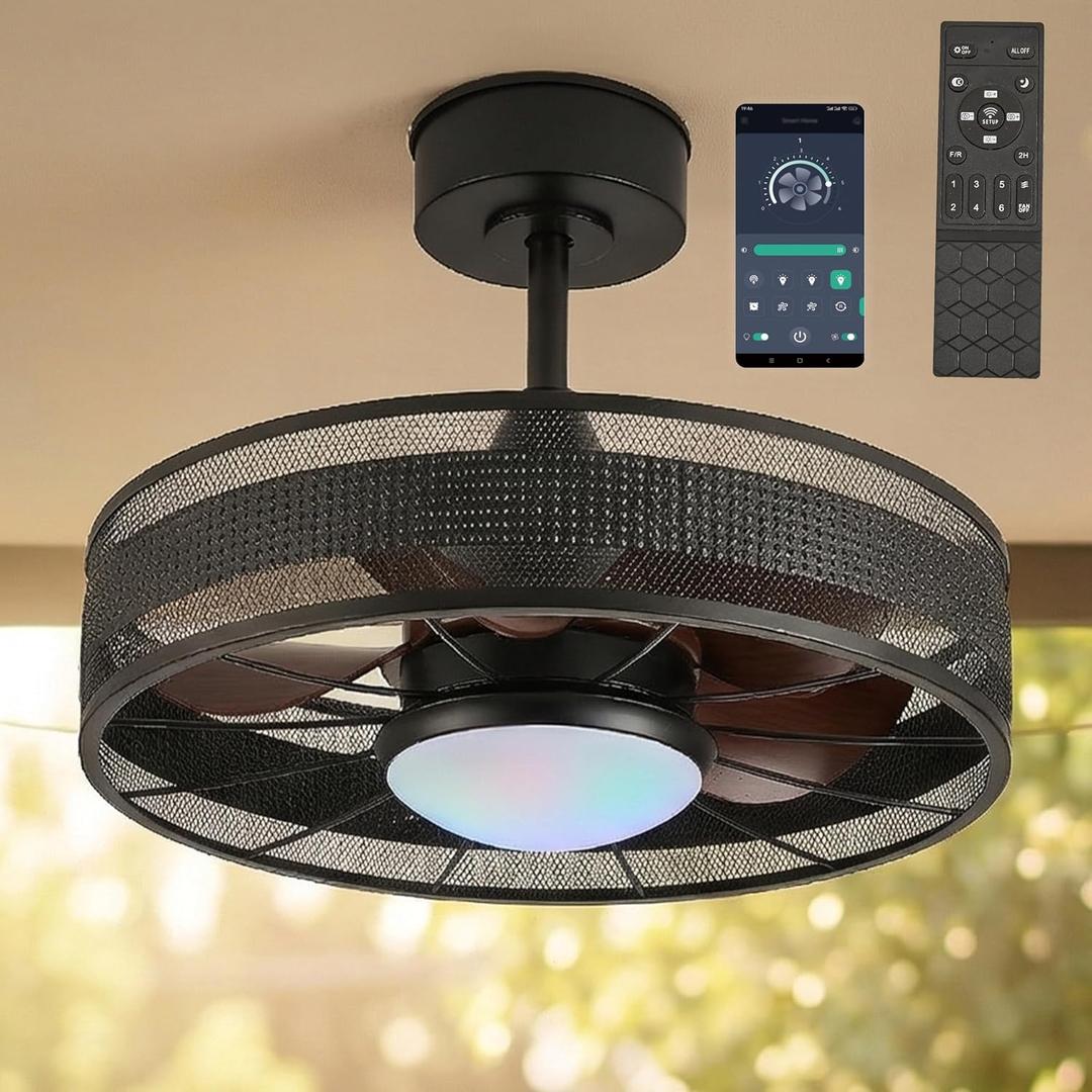 20" Outdoor Indoor Ceiling Fan with Light, IP44 Waterproof Fandelier, RGB & 3 CCT, Smart APP Remote, 6-Speed DC Motor, Cage Design for Gazebo Patio Bedroom, Black