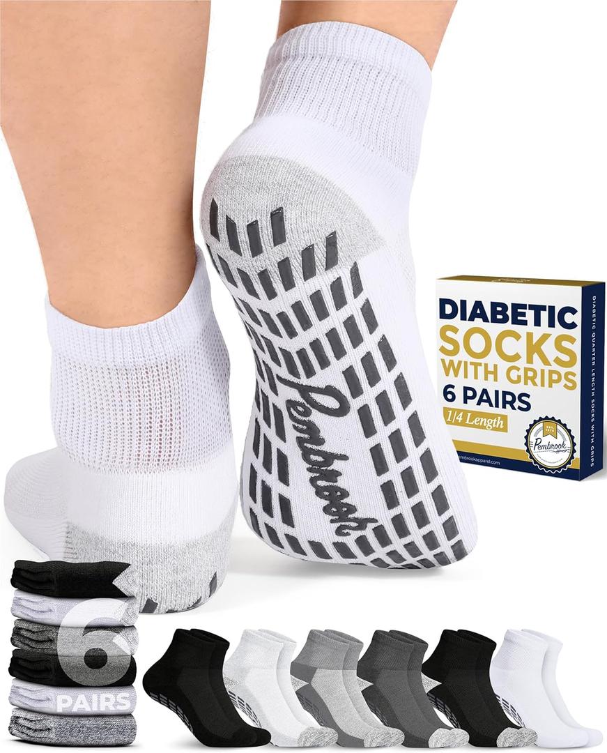 Pembrook 6 Pairs Diabetic Ankle Socks - Men & Women, Non Slip, Edema, Neuropathy, 12 Colors (Large)