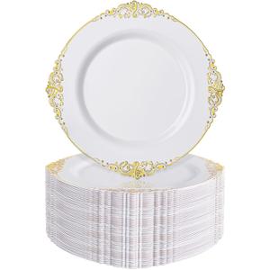 Nervure 100Pcs White and Gold Plastic Plates - 7.5inch Gold Disposable Plates - Heavyweight Plastic Dessert Plate for Wedding & Party & Thanksgiving