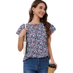 Womens Summer Tops Floral V Neck Blouses for Women Dressy Casual Short Sleeve Shirts to Wear with Leggings 2025 L 