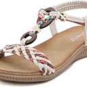 Unifizz Women's Summer Sandals Comfortable T-Strap Flower Beaded Classic Flat Elastic Sandals Dress Shoes for Outdoor Beach Wedding (8)